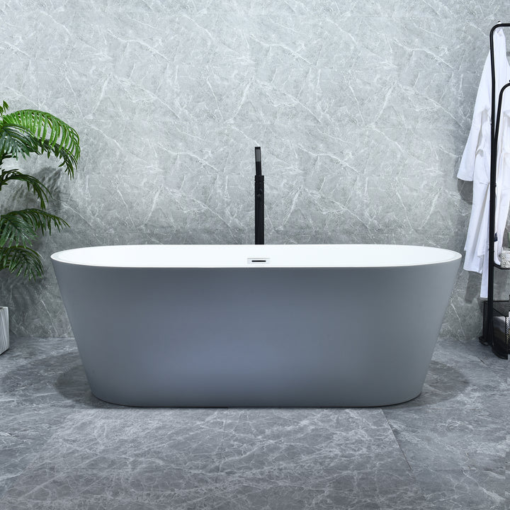 Szany 67" x 32" Flatbottom Freestanding Acrylic Soaking Bathtub in Glossy Gray with Drain and Overflow