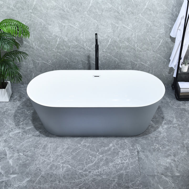 Szany 67" x 32" Flatbottom Freestanding Acrylic Soaking Bathtub in Glossy Gray with Drain and Overflow