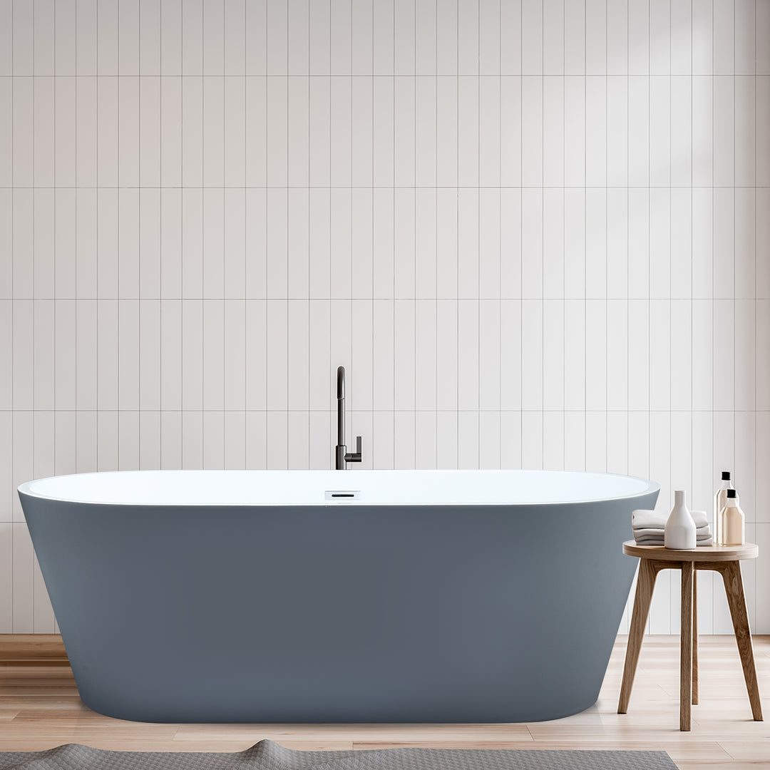 Szany 67" x 32" Flatbottom Freestanding Acrylic Soaking Bathtub in Glossy Gray with Drain and Overflow