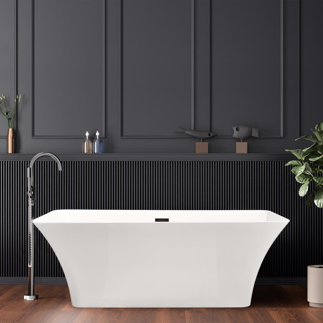 Tazlar 63" x 28" Flatbottom Freestanding Acrylic Soaking Bathtub in Glossy White with Drain and Overflow