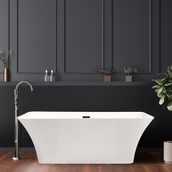 Tazlar 63" x 28" Flatbottom Freestanding Acrylic Soaking Bathtub in Glossy White with Drain and Overflow