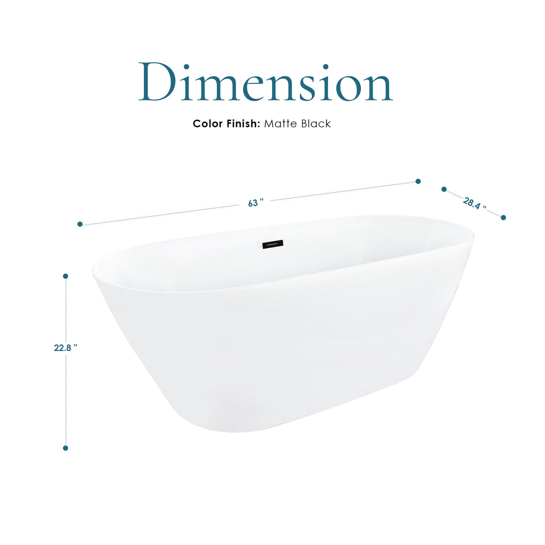 Tazlar 63" x 28" Flatbottom Freestanding Acrylic Soaking Bathtub in Glossy White with Drain and Overflow