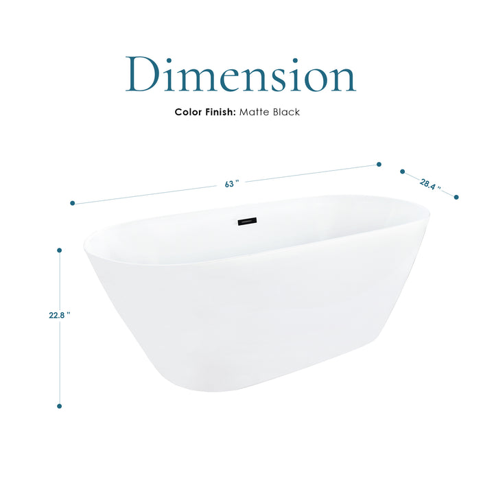 Tazlar 63" x 28" Flatbottom Freestanding Acrylic Soaking Bathtub in Glossy White with Drain and Overflow