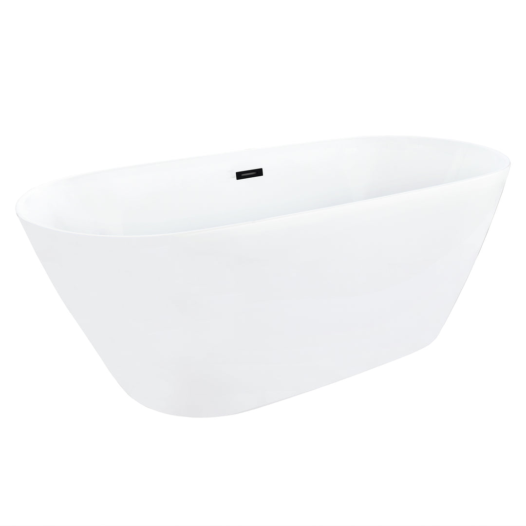 Tazlar 63" x 28" Flatbottom Freestanding Acrylic Soaking Bathtub in Glossy White with Drain and Overflow