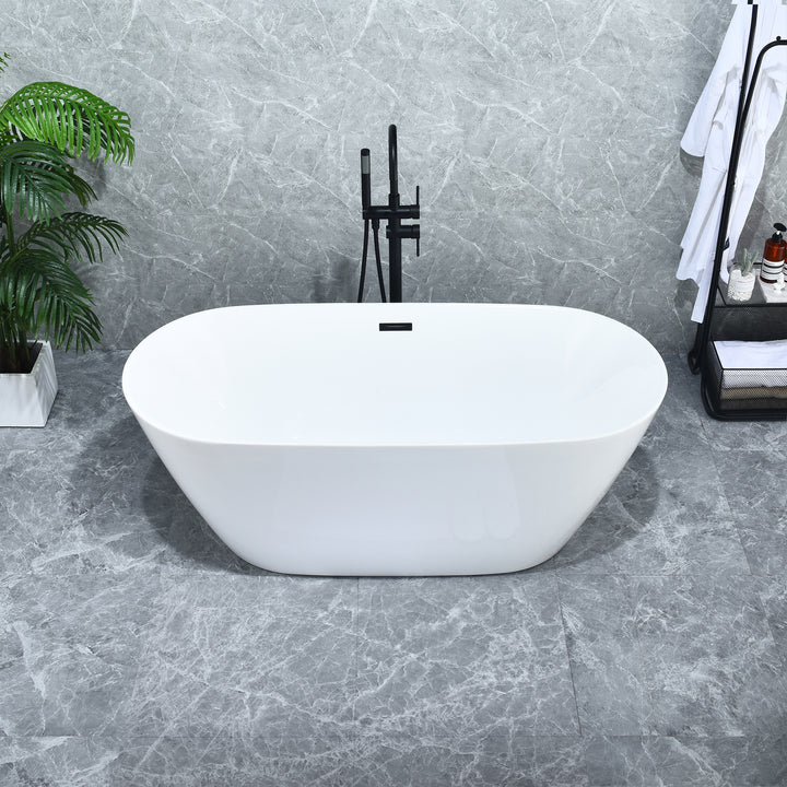Tazlar 63" x 28" Flatbottom Freestanding Acrylic Soaking Bathtub in Glossy White with Drain and Overflow