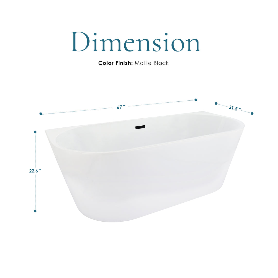 Satchi 67" x 32" Flatbottom Freestanding Acrylic Soaking Bathtub in Glossy White with Drain and Overflow