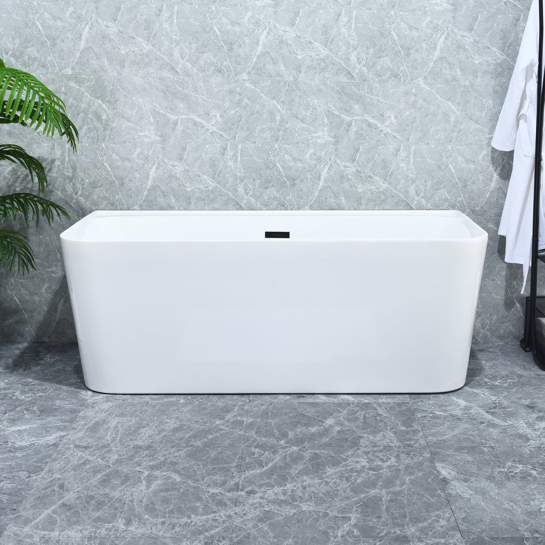 Groda 63" x 30" Flatbottom Freestanding Acrylic Soaking Bathtub in Glossy White with Drain and Overflow