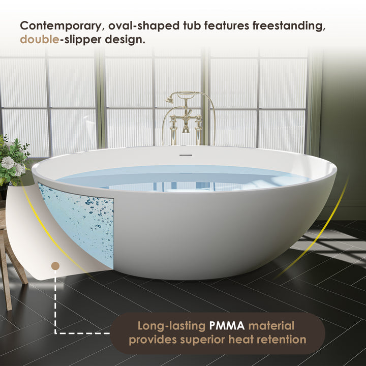 Cacciar 67" x 39" Solid Surface Soaking Bathtub in Matte White with Matte White Drain and Integrated Overflow