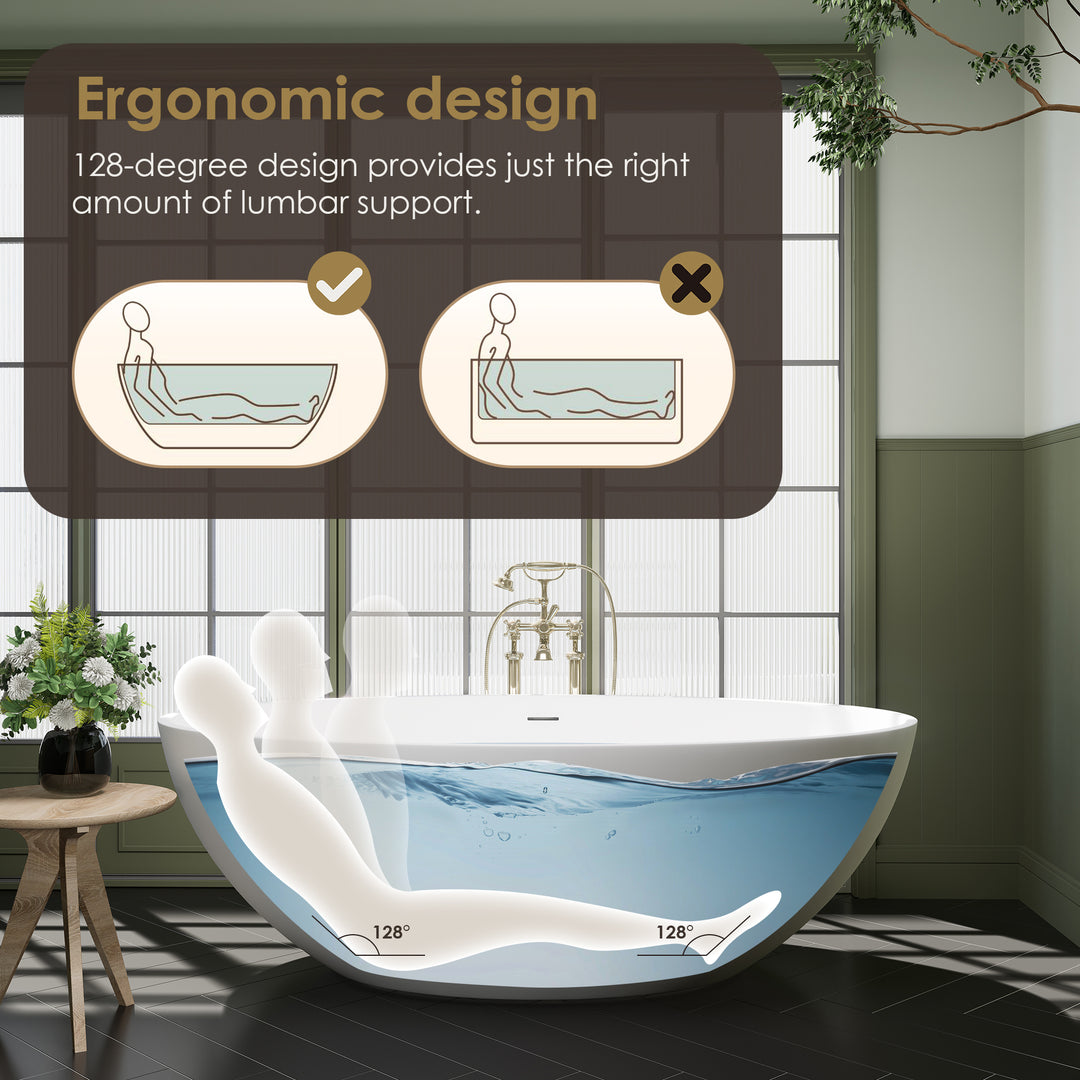 Cacciar 67" x 39" Solid Surface Soaking Bathtub in Matte White with Matte White Drain and Integrated Overflow