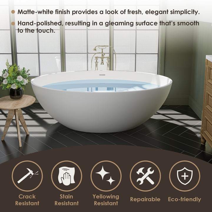 Cacciar 67" x 39" Solid Surface Soaking Bathtub in Matte White with Matte White Drain and Integrated Overflow