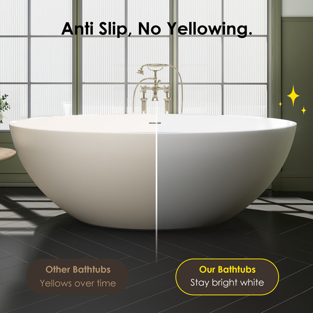 Cacciar 67" x 39" Solid Surface Soaking Bathtub in Matte White with Matte White Drain and Integrated Overflow