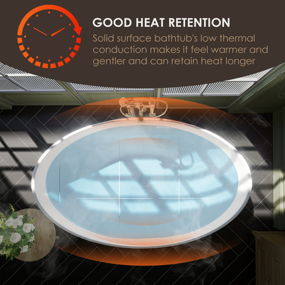 Cacciar 67" x 39" Solid Surface Soaking Bathtub in Matte White with Matte White Drain and Integrated Overflow