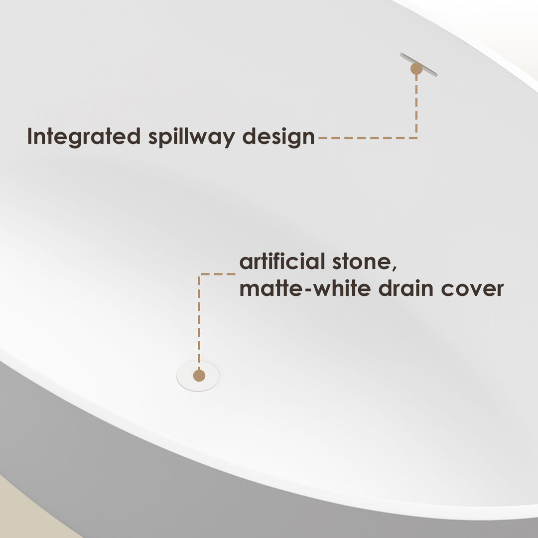 Cacciar 67" x 39" Solid Surface Soaking Bathtub in Matte White with Matte White Drain and Integrated Overflow