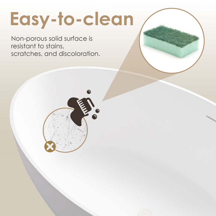 Cacciar 67" x 39" Solid Surface Soaking Bathtub in Matte White with Matte White Drain and Integrated Overflow