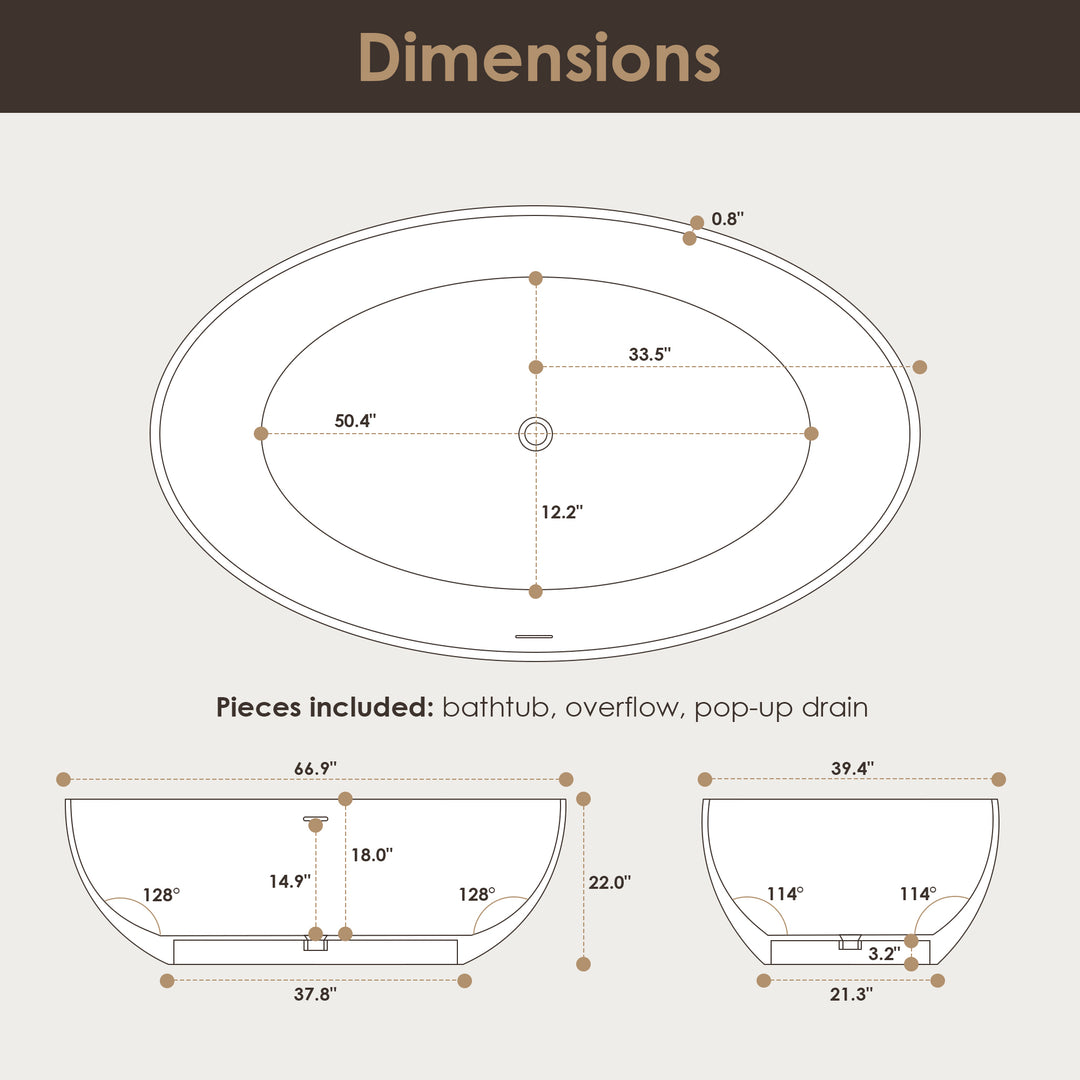 Cacciar 67" x 39" Solid Surface Soaking Bathtub in Matte White with Matte White Drain and Integrated Overflow