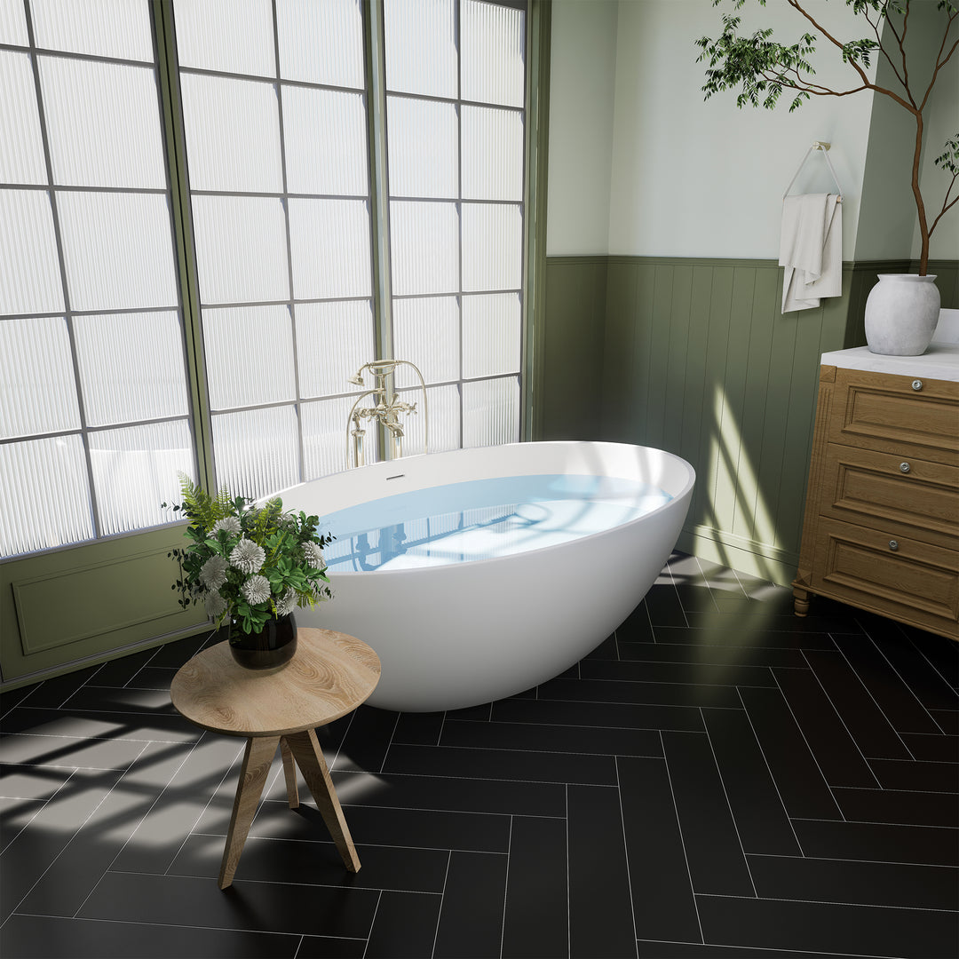 Cacciar 67" x 39" Solid Surface Soaking Bathtub in Matte White with Matte White Drain and Integrated Overflow