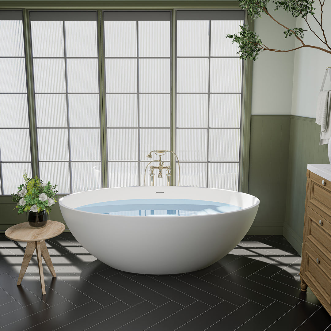 Cacciar 67" x 39" Solid Surface Soaking Bathtub in Matte White with Matte White Drain and Integrated Overflow