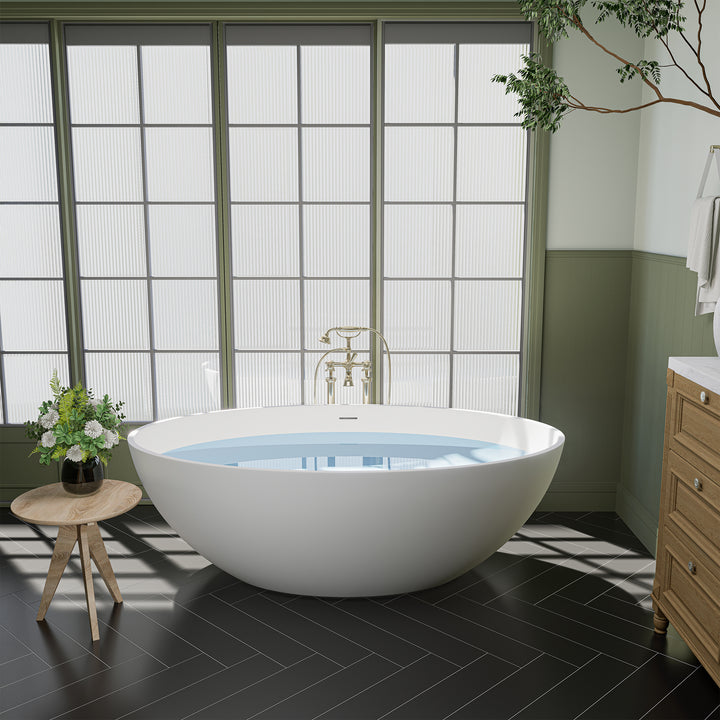 Cacciar 67" x 39" Solid Surface Soaking Bathtub in Matte White with Matte White Drain and Integrated Overflow