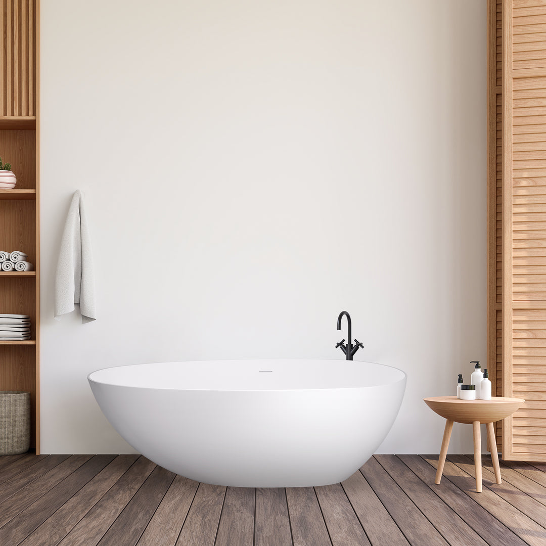 Giotto 59" x 31" Solid Surface Soaking Bathtub in Matte White with Matte White Drain and Integrated Overflow
