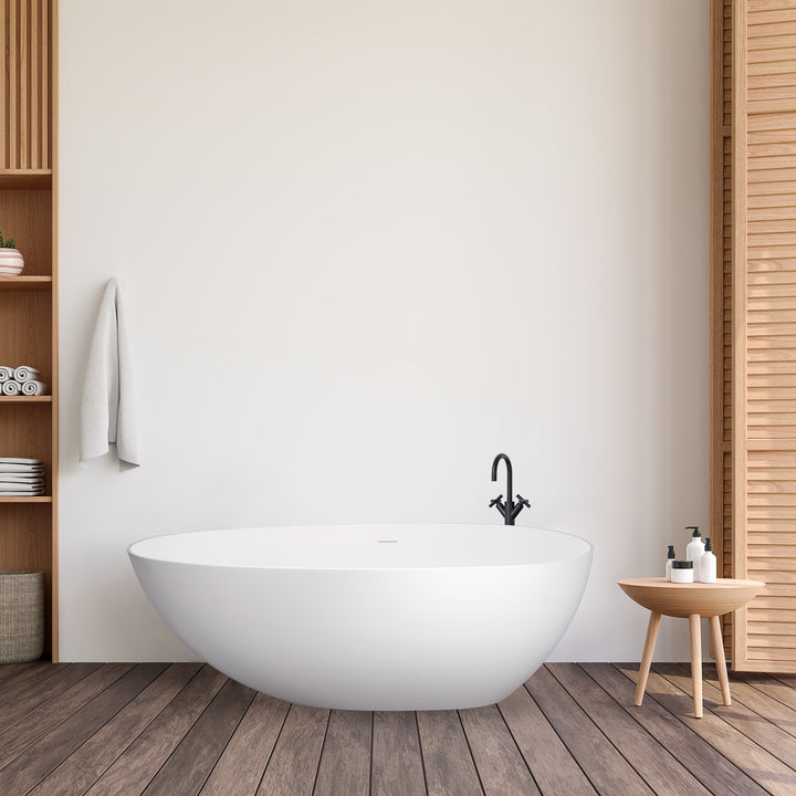 Giotto 59" x 31" Solid Surface Soaking Bathtub in Matte White with Matte White Drain and Integrated Overflow