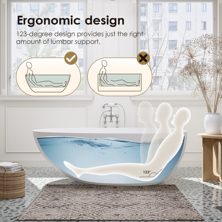 Giotto 59" x 31" Solid Surface Soaking Bathtub in Matte White with Matte White Drain and Integrated Overflow