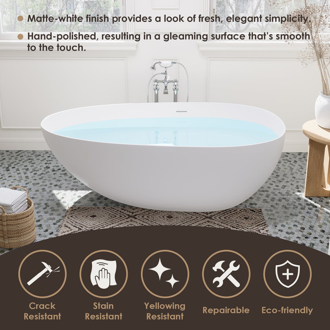 Giotto 59" x 31" Solid Surface Soaking Bathtub in Matte White with Matte White Drain and Integrated Overflow