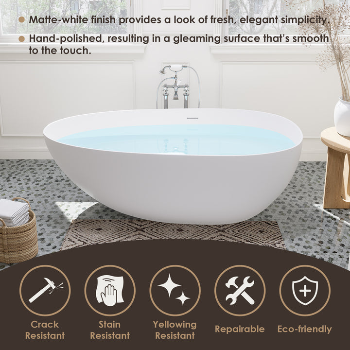 Giotto 59" x 31" Solid Surface Soaking Bathtub in Matte White with Matte White Drain and Integrated Overflow