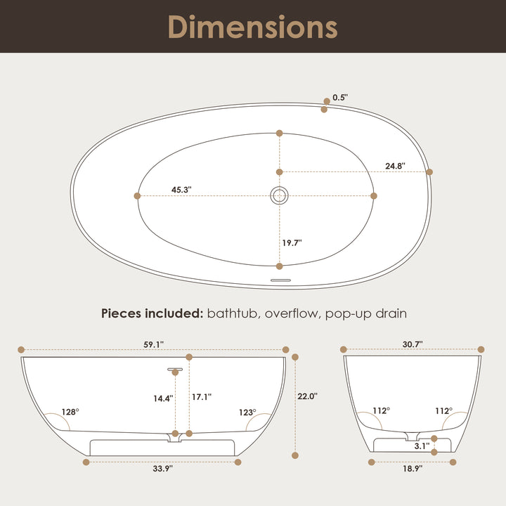 Giotto 59" x 31" Solid Surface Soaking Bathtub in Matte White with Matte White Drain and Integrated Overflow