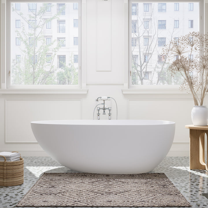 Giotto 59" x 31" Solid Surface Soaking Bathtub in Matte White with Matte White Drain and Integrated Overflow