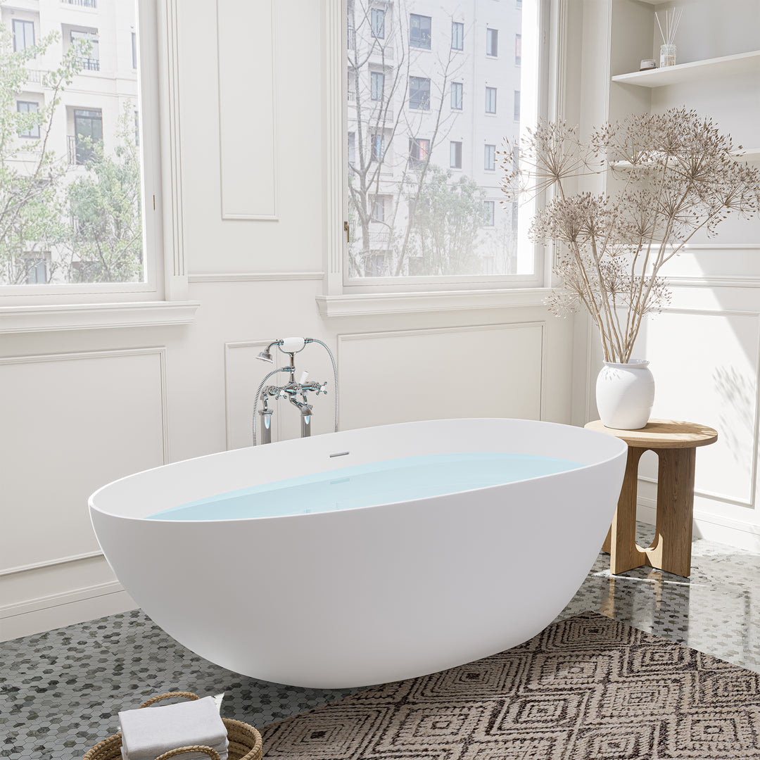 Giotto 59" x 31" Solid Surface Soaking Bathtub in Matte White with Matte White Drain and Integrated Overflow