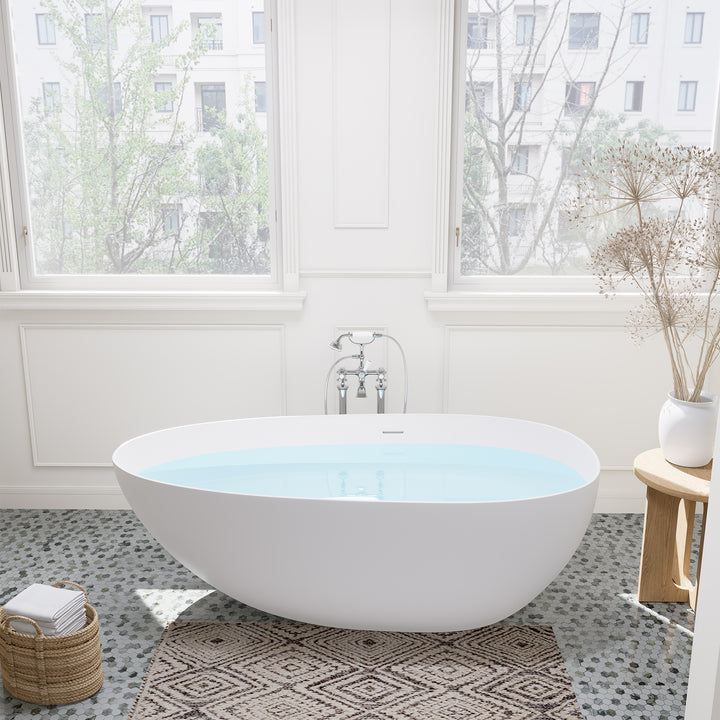 Giotto 59" x 31" Solid Surface Soaking Bathtub in Matte White with Matte White Drain and Integrated Overflow