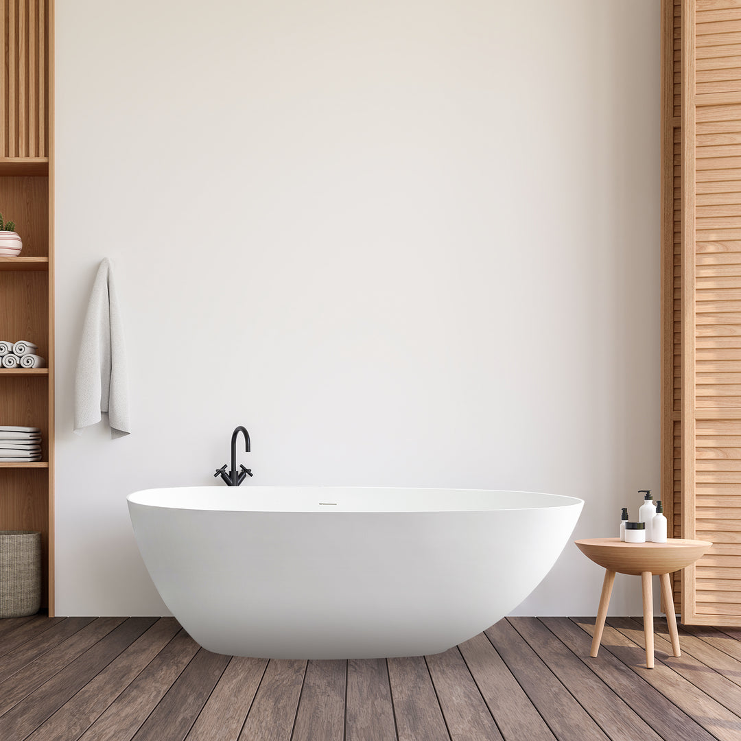 Giotto 67" x 34" Solid Surface Soaking Bathtub in Matte White with Matte White Drain and Integrated Overflow