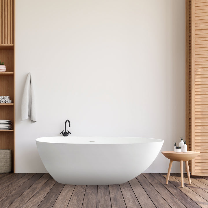 Giotto 67" x 34" Solid Surface Soaking Bathtub in Matte White with Matte White Drain and Integrated Overflow