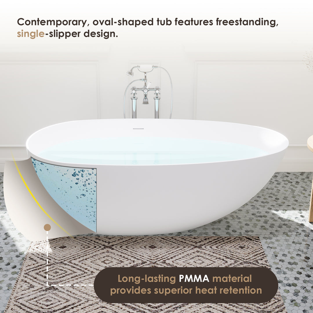 Giotto 67" x 34" Solid Surface Soaking Bathtub in Matte White with Matte White Drain and Integrated Overflow