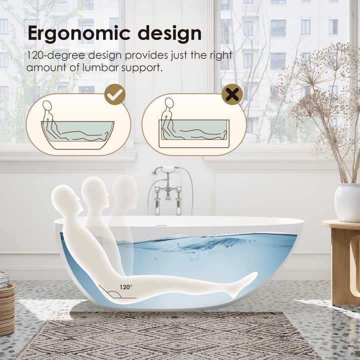 Giotto 67" x 34" Solid Surface Soaking Bathtub in Matte White with Matte White Drain and Integrated Overflow