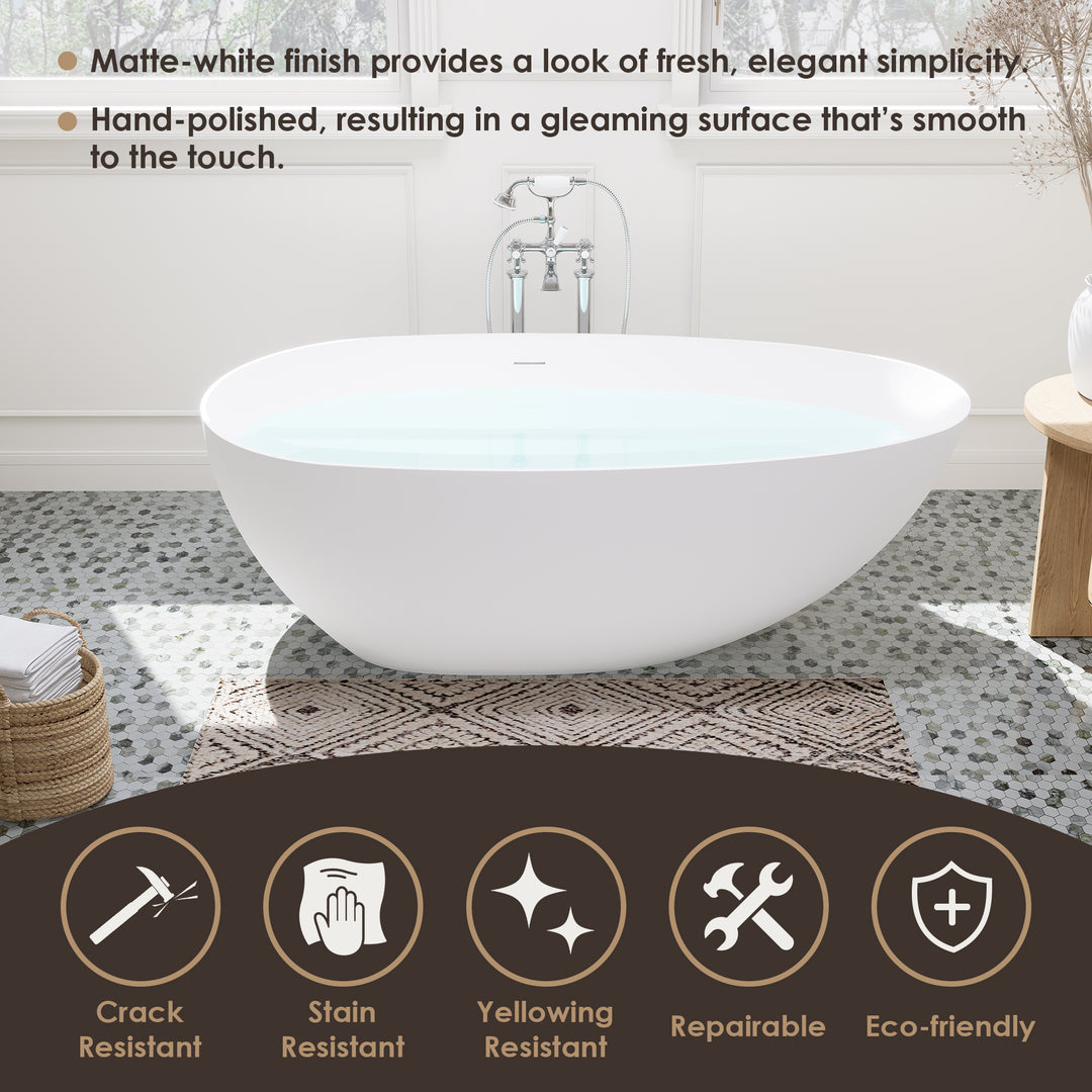Giotto 67" x 34" Solid Surface Soaking Bathtub in Matte White with Matte White Drain and Integrated Overflow