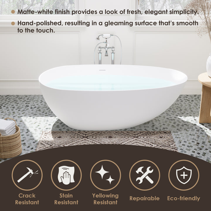 Giotto 67" x 34" Solid Surface Soaking Bathtub in Matte White with Matte White Drain and Integrated Overflow
