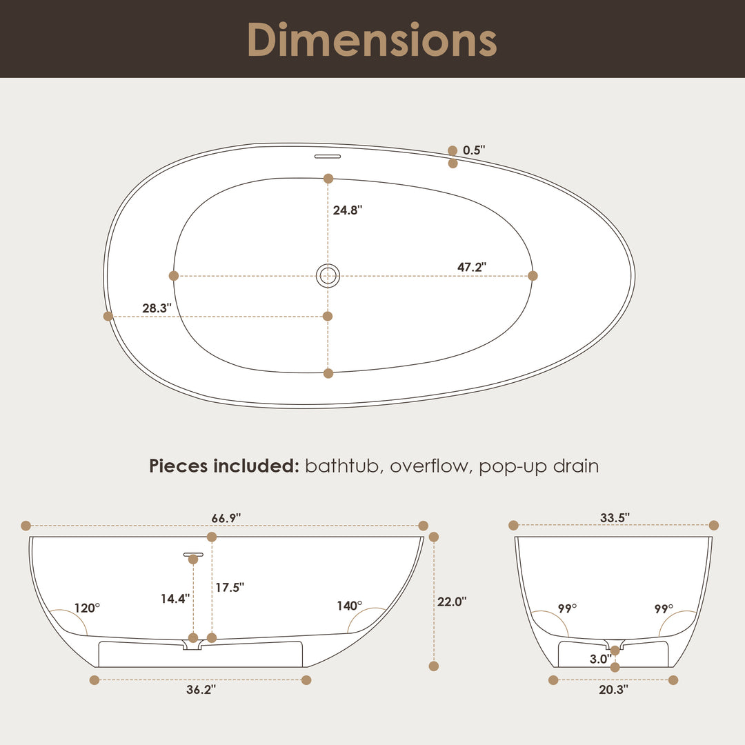 Giotto 67" x 34" Solid Surface Soaking Bathtub in Matte White with Matte White Drain and Integrated Overflow