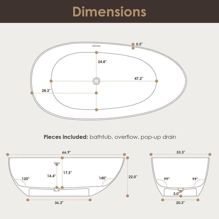 Giotto 67" x 34" Solid Surface Soaking Bathtub in Matte White with Matte White Drain and Integrated Overflow