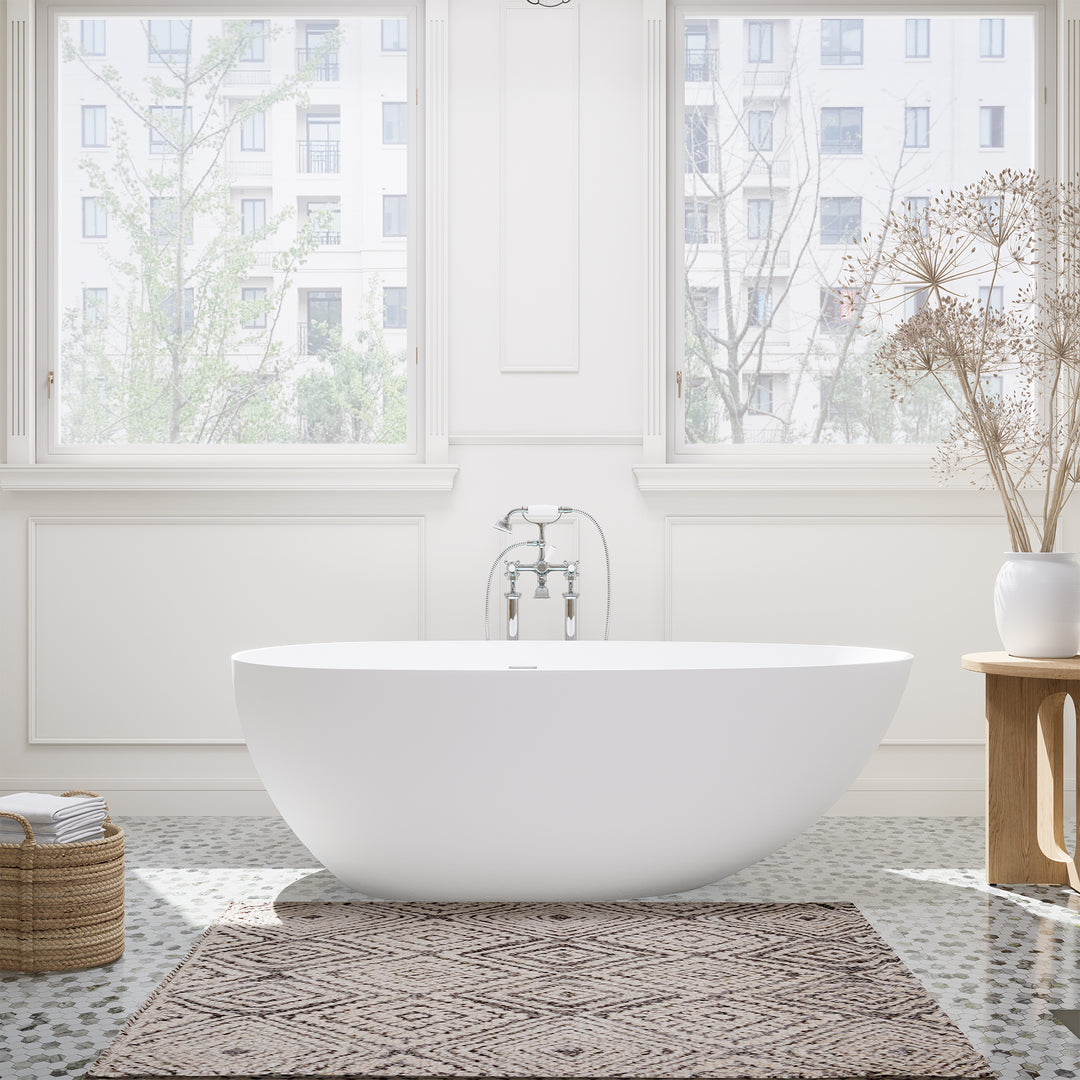 Giotto 67" x 34" Solid Surface Soaking Bathtub in Matte White with Matte White Drain and Integrated Overflow