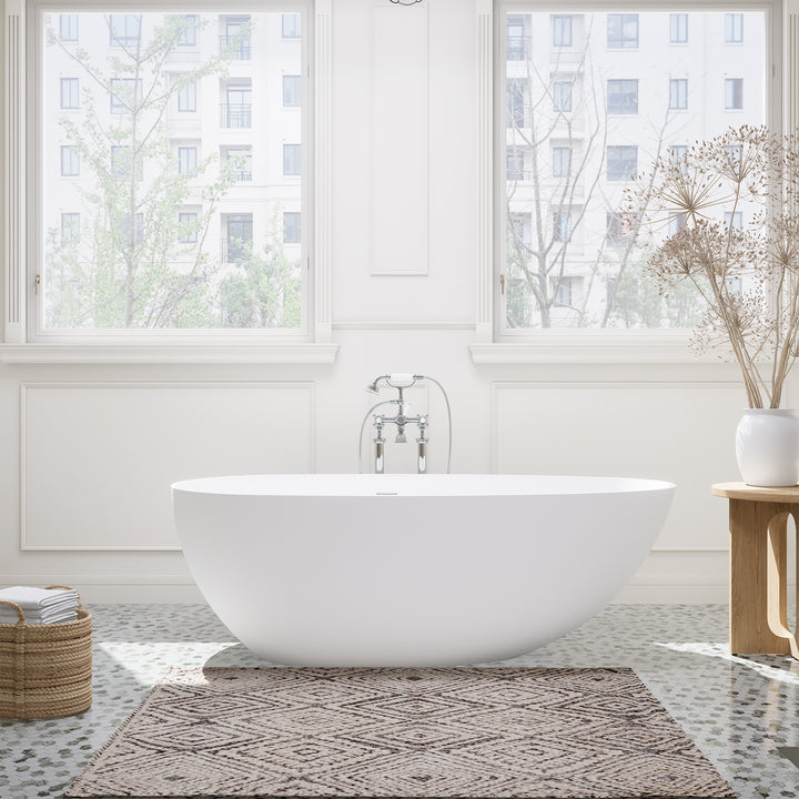 Giotto 67" x 34" Solid Surface Soaking Bathtub in Matte White with Matte White Drain and Integrated Overflow