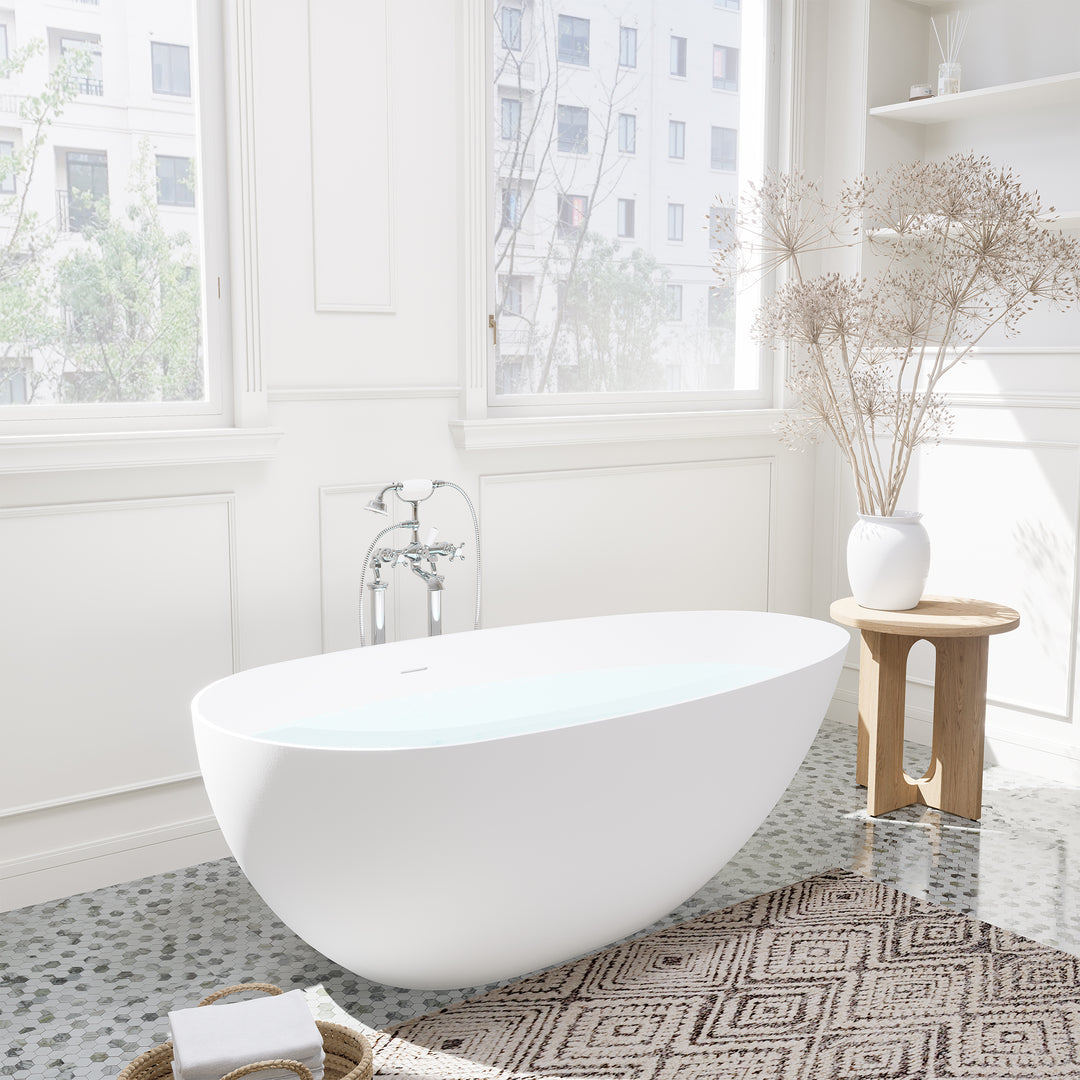 Giotto 67" x 34" Solid Surface Soaking Bathtub in Matte White with Matte White Drain and Integrated Overflow