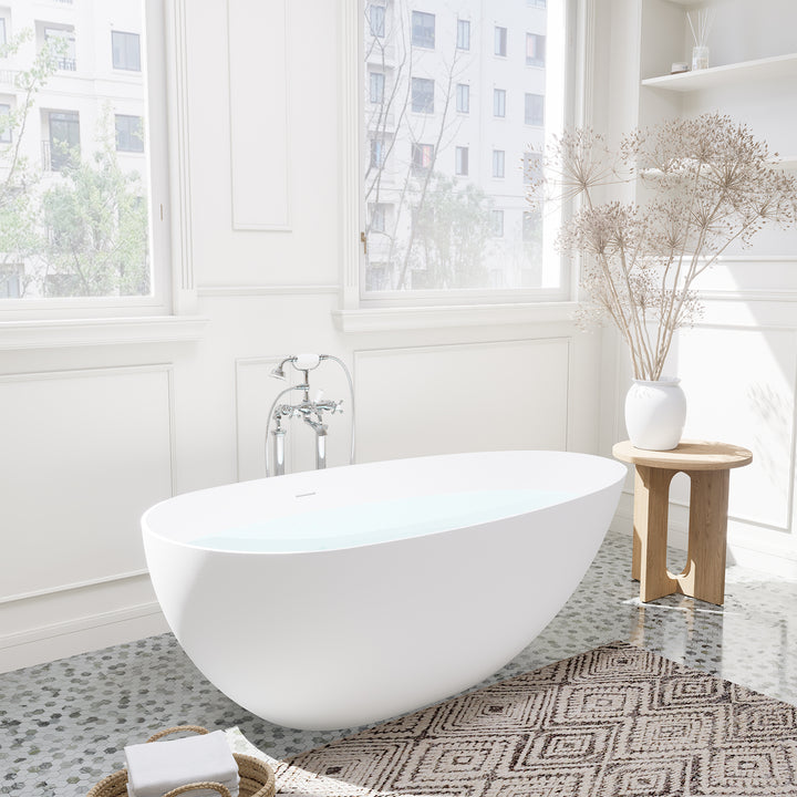 Giotto 67" x 34" Solid Surface Soaking Bathtub in Matte White with Matte White Drain and Integrated Overflow