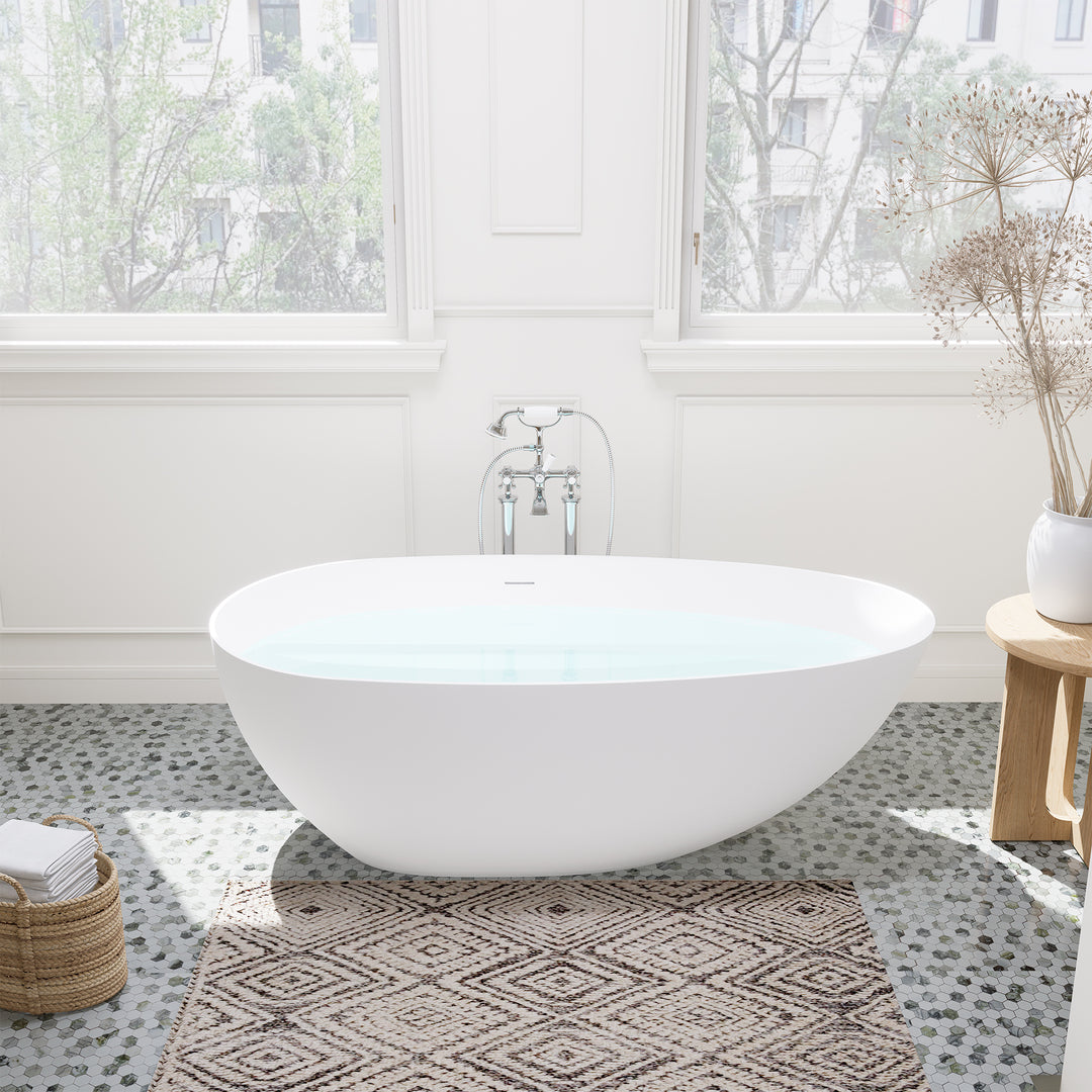 Giotto 67" x 34" Solid Surface Soaking Bathtub in Matte White with Matte White Drain and Integrated Overflow