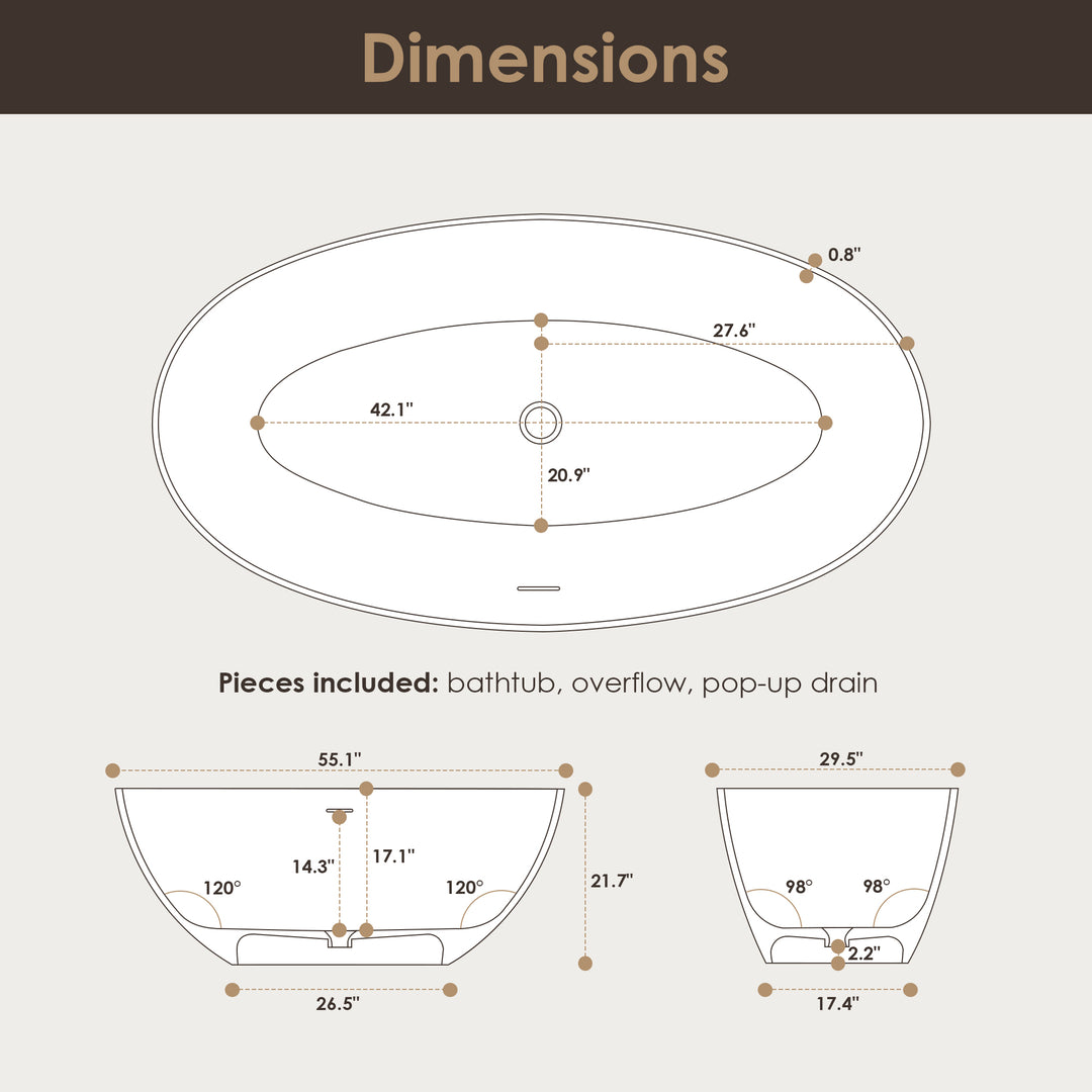 Euston 55" x 30" Solid Surface Soaking Bathtub in Matte White with Matte White Drain and Integrated Overflow