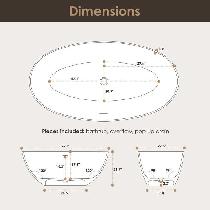 Euston 55" x 30" Solid Surface Soaking Bathtub in Matte White with Matte White Drain and Integrated Overflow