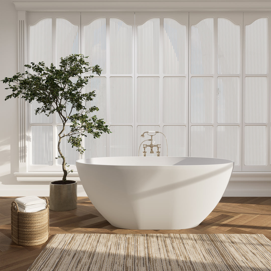 Euston 55" x 30" Solid Surface Soaking Bathtub in Matte White with Matte White Drain and Integrated Overflow