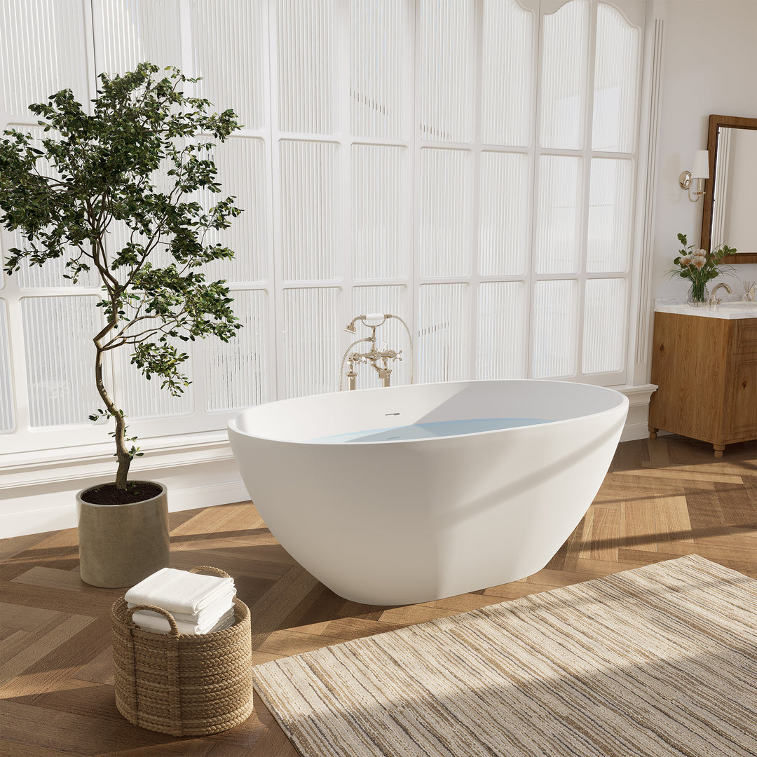 Euston 55" x 30" Solid Surface Soaking Bathtub in Matte White with Matte White Drain and Integrated Overflow