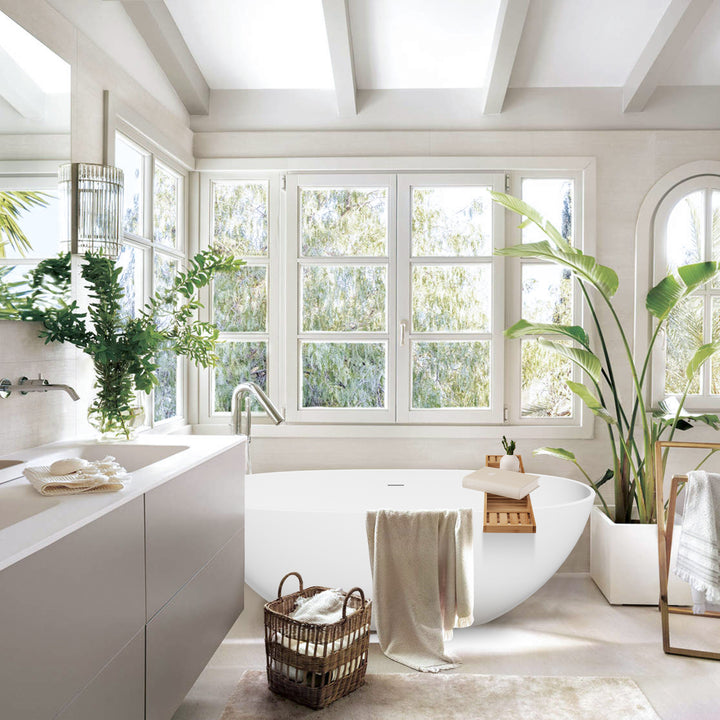 Euston 65" x 30" Solid Surface Soaking Bathtub in Matte White with Matte White Drain and Integrated Overflow