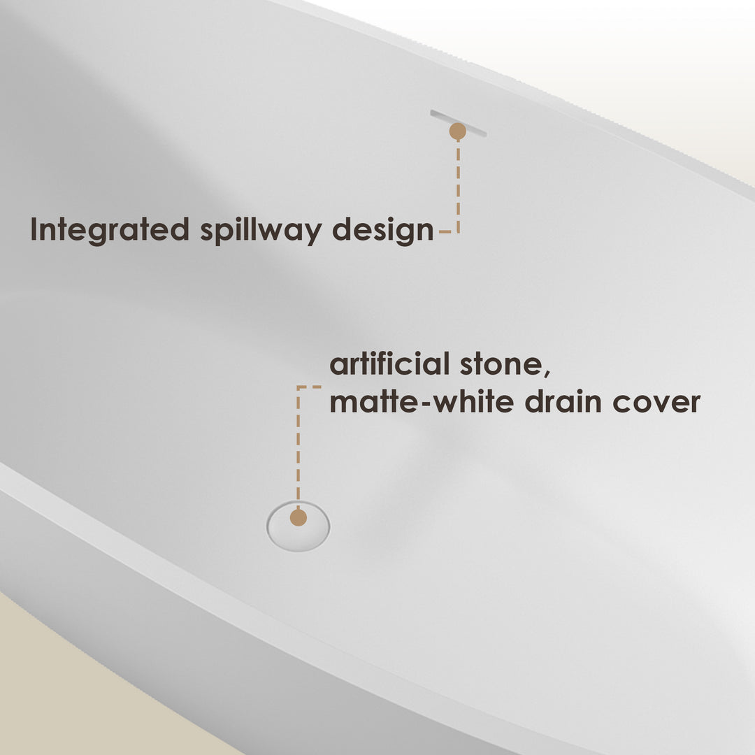 Euston 65" x 30" Solid Surface Soaking Bathtub in Matte White with Matte White Drain and Integrated Overflow